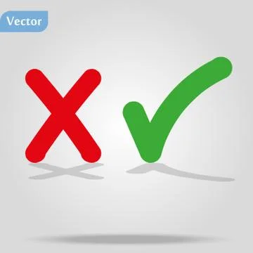 Thin line check mark icons. Green tick and red cross checkmarks flat line ico Stock Illustration