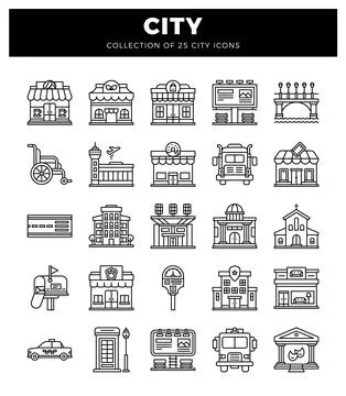 Thin line city icons. featuring buildings. transportation. and street element Ilustración de archivo