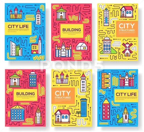 Thin Line City Skylines Brochure Cards Set. Uburban Different Buildings Templat