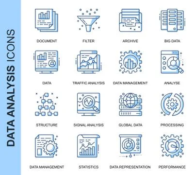 Thin Line Data Analysis Related Vector Icons Set Stock Illustration
