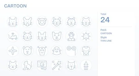 Thin Line Detail Enhanced Vector Icons from Cartoon Set with 24 High Resolu.. Stock Illustration