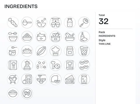 Thin Line Detail Enhanced Vector Icons from Ingredients Set with 32 Retina .. Stock Illustration