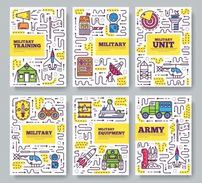 Thin line different rocket weapons brochure card set.  Vehicles on military bas Stock Illustration