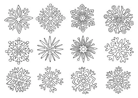 Thin line doodle snowflakes set. Ice crystal hand drawn. Vector collection of Stock-Illustration