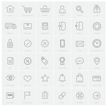 Thin line e-commerce and shopping website icon set with description Stock Illustration
