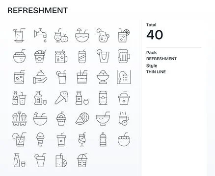 Thin Line Editable Vector Icons from Refreshment Set with 40 Retina Ready Ico Stock Illustration