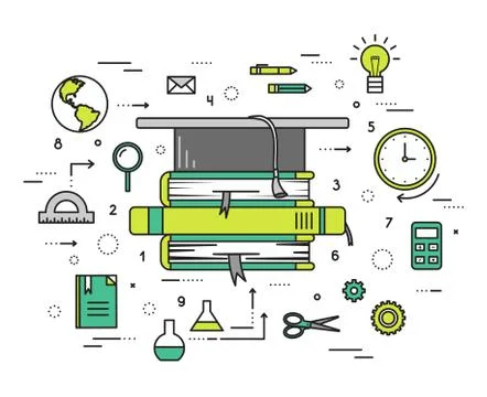 Thin line education objects modern illustration concept. Infographic way from Stock Illustration