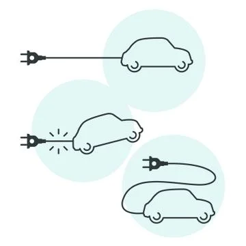 Thin line electric car icon with cord and plug - electrical auto dependence Stock Illustration
