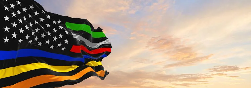 Thin Line First Responder flag waving at cloudy sky background on sunset, pan Stock Illustration