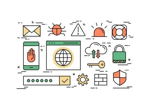 Thin line flat design concept of internet security Stock Illustration
