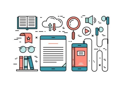 Thin line flat design concept of audio and ebooks Stock Illustration