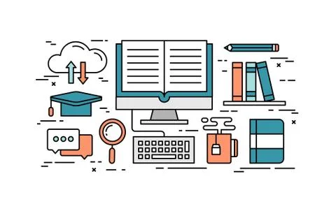 Thin line flat design concept of online education Stock Illustration