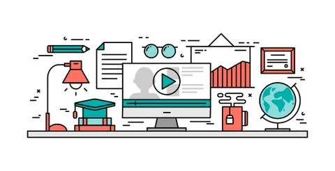 Thin line flat design concept of online learning Stock Illustration