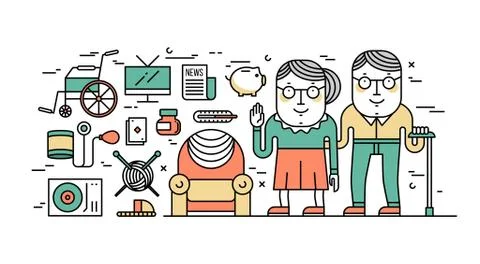 Thin line flat design concept of senior's lifestyle and healthcare Stock Illustration