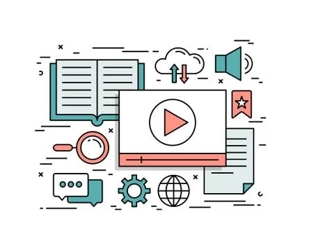Thin line flat design concept of video tutorials Stock Illustration