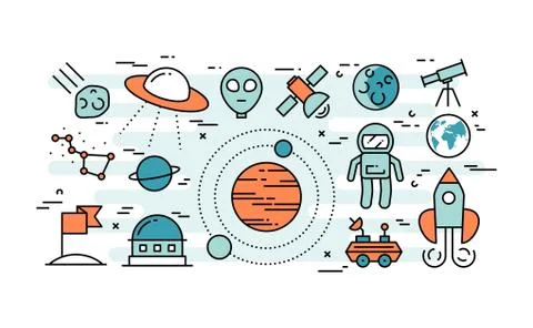 Thin line flat design concept of space exploration Stock Illustration