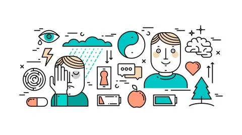 Thin line flat design concept of mental health, depression and anti-depressio Illustrazione stock