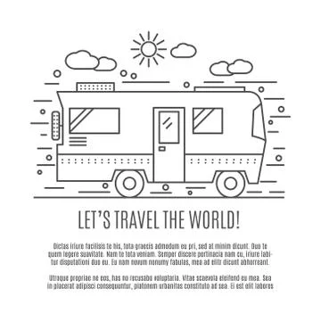 Thin line flat travelling concept. Design of camper rv car . Modern thin line Stock Illustration