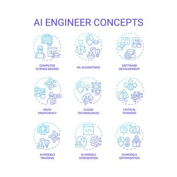 Thin line gradient icon set representing AI engineer Stock Illustration