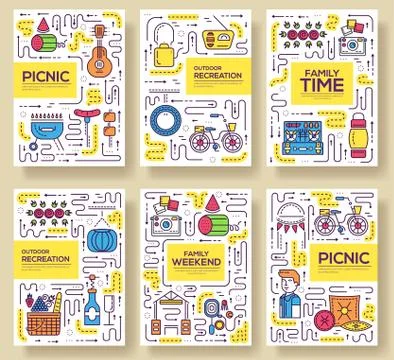 Thin line grill and cooking food brochure card set. During the picnic in nature Ilustración de archivo