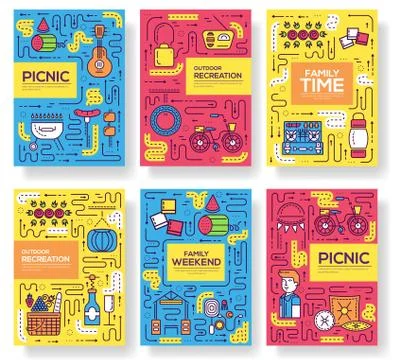 Thin line grill and cooking food brochure card set. During the picnic in nature Ilustración de archivo