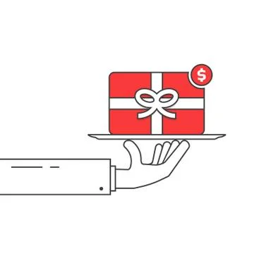 Thin line hand holding red gift card Stock Illustration