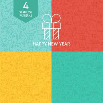 Thin Line Happy New Year Holiday Patterns Set Stock Illustration