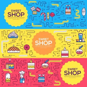 Thin line happy people baking brochure cards set. Decorating cakes template of Stock Illustration