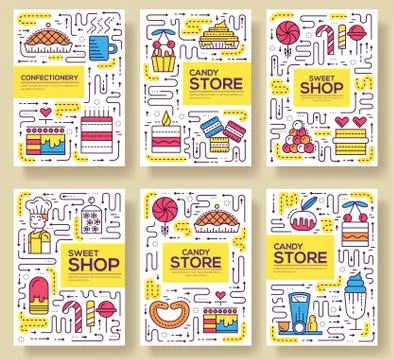 Thin line happy people baking brochure cards set. Decorating cakes template of Stock Illustration