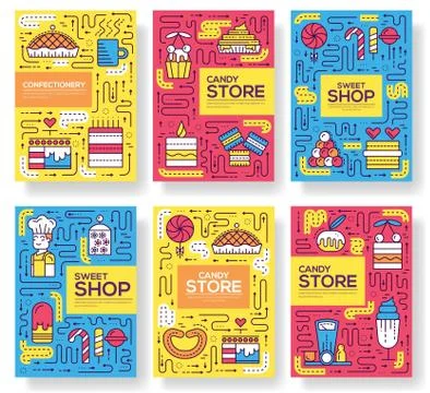 Thin line Happy people baking brochure cards set.  Decorating cakes template o Stock Illustration