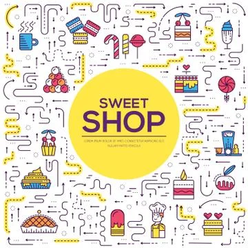 Thin line Happy people baking brochure cards set.  Decorating cakes template o Stock Illustration