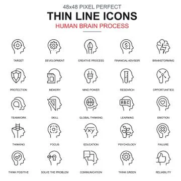 Thin line human brain process, features icons set Stock Illustration