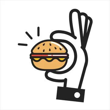 Thin line icon hand holding a burger, fast food icon isolated on white. Stock Illustration