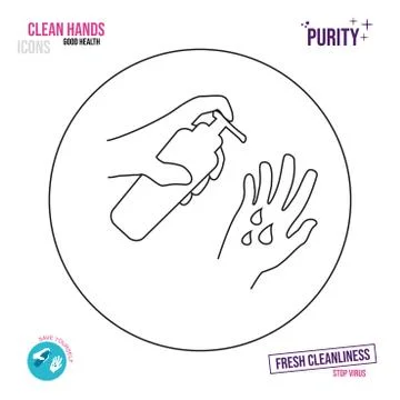 Thin line icon. Icon of a hand holding a bottle with an antiseptic or liquid Stock Illustration