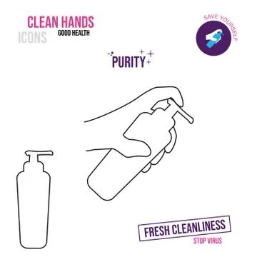 Thin line icon. Icon of a hand holding a bottle with an antiseptic or liquid Stock Illustration