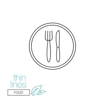 Thin line icon. Icons on the theme of the restaurant. Plate with knife and fo Stock Illustration