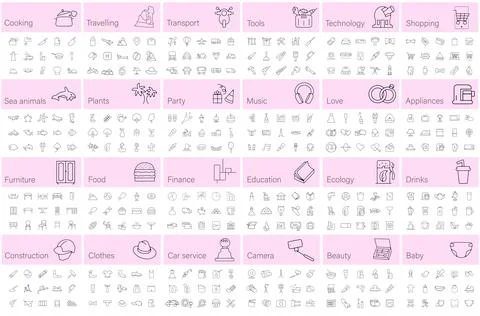 Thin line icon set about technology, shopping, sea animals. Line icon set. Illustrazione stock