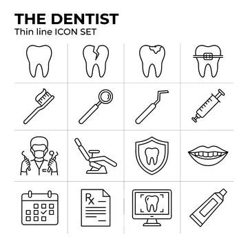 Thin line icon set for dentistry and dental care, featuring teeth, dentist .. Stock Illustration