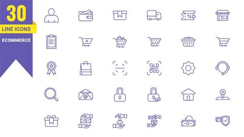 Thin line icon set related to e-commerce and shopping Stock Illustration