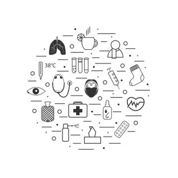Thin line icons about flu and cold treatment composed in circle shape. Stock Illustration
