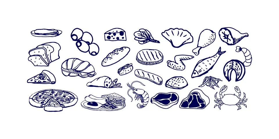 Thin line icons representing minimal food design with fresh fruit, vegetables 库存插图