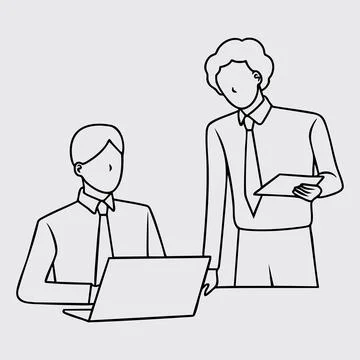 Thin line illustration of collaboration between two coworkers Stock Illustration