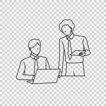 Thin line illustration of collaboration between two coworkers Stock Illustration