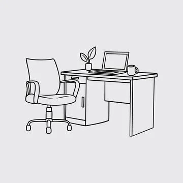 Thin Line Illustration of an empty workspace with potted plants and coffee Stock Illustration