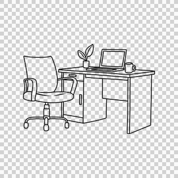 Thin line illustration of an empty workspace with potted plants and coffee Stock Illustration