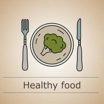 Thin line illustration with the fork and knife with plate and broccoli Stock Illustration