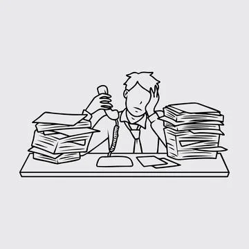 Thin line illustration of workers overwhelmed by piles of documents Stock Illustration