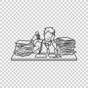 Thin line illustration of workers overwhelmed by piles of documents Stock Illustration