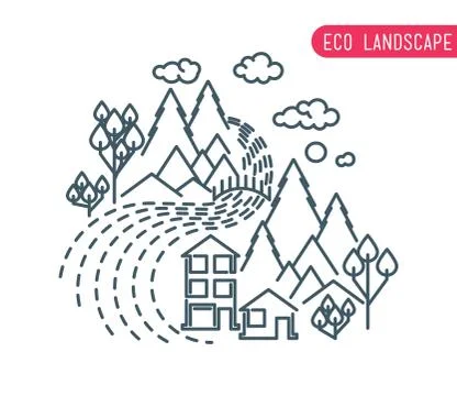 Thin line landscape flat eco design, rural background Stock Illustration