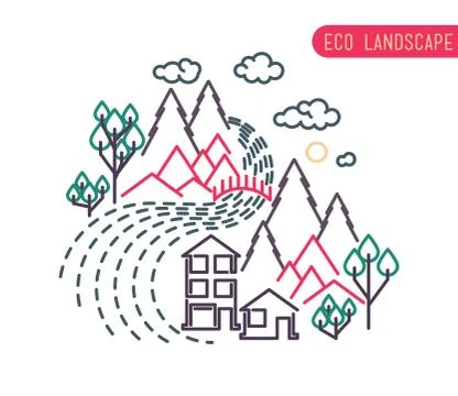 Thin line landscape flat eco design, rural background Stock Illustration